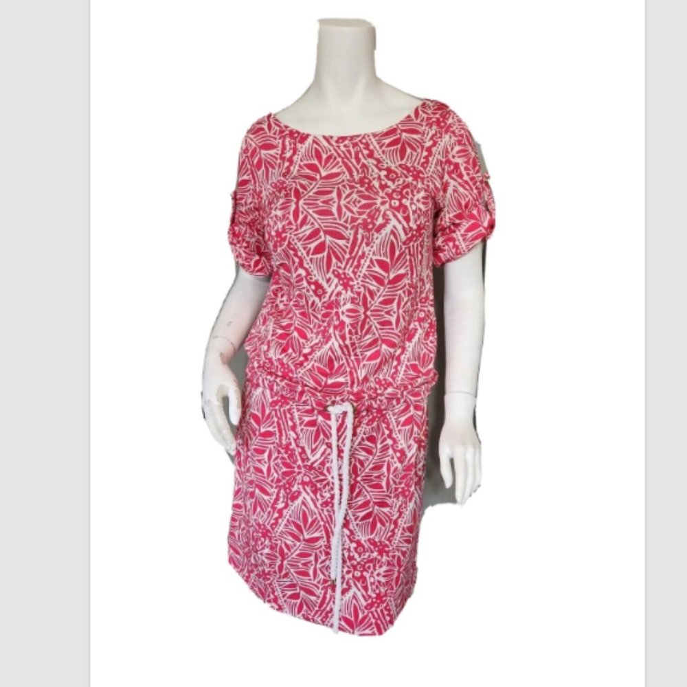 Lilly Pulitzer Raquel Punch Pink Floral Roll Tab Sleeve Drawstring Mini Dress